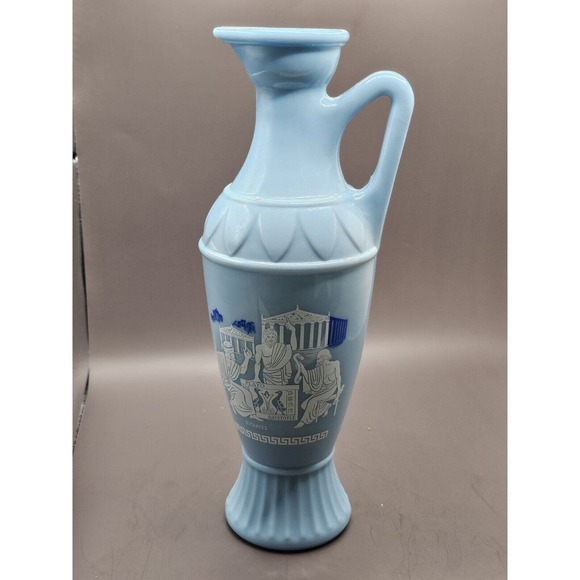 Vintage 1961 Jim Beam Blue Milk Glass Greek Chariots Bottle Empty Decanter - Picture 2 of 13
